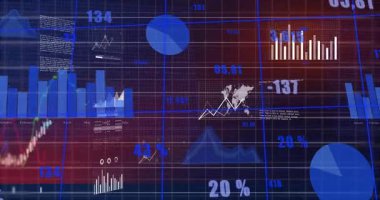 Dijital şebeke arka planında grafik ve grafiklerle finansal verilerin animasyonu. Finans, analitik, veri görselleştirme, teknoloji, istatistik, ekonomi