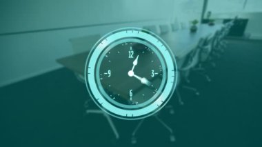 Boş konferans odasında saatli animasyon, sandalyeler ve uzun masa. Zaman, ofis, şirket, iş, toplantı, işyeri