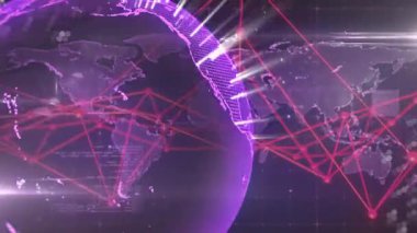 Ağ bağlantıları olan dijital dünyanın animasyonu küresel iletişimi gösteriyor. Teknoloji, ağ oluşturma, bağlantı, gelecek, veri, internet