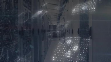 Modern veri merkezinin içinde dijital ikili kod animasyonu. Teknoloji, sunucu, fütürist, sanal, ağ, siber güvenlik