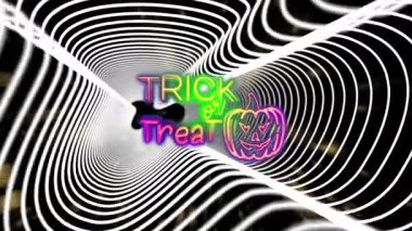 Neon Trick ya da Treat animasyonu. Siyah ve beyaz kıvrımlı çizgilerin üzerinde balkabağı ile. Cadılar Bayramı, ürkütücü, şenlikli, dekoratif