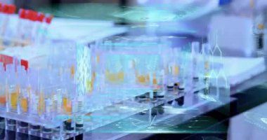 Laboratuvar önlüğü giyen bilim adamları dijital veri ile animasyon üzerinde deney yapıyorlar. Araştırma, yenilik, teknoloji, bilim, laboratuvar, analiz