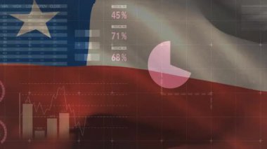 Finansal tablolar ve arka planda dünya haritası olan Şili bayrağının animasyonu. Finans, yatırım, ekonomi, küresel, uluslararası, analitik
