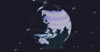 Koyu arkaplanda ızgara çizgileri olan dönen dijital dünyanın animasyonu. Teknoloji, rotasyon, fütüristik, ağ, yenilik, siber