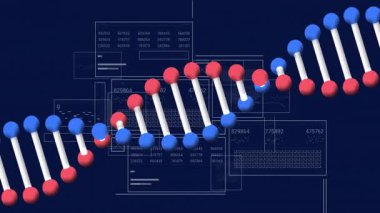 Bilimsel veriler işleniyor, DNA dizilimi ve animasyon konseptinde ikili kodlama. Biyoteknoloji, genetik, biyoenformatik, yenilik, araştırma, analiz
