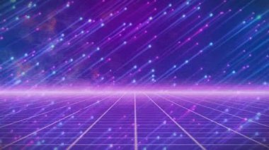 Canlı neon ışıklar ve parlayan parçacıklar retro fütüristik animasyon ızgarası oluşturuyor. soyut, dijital, teknoloji, siber, sanal