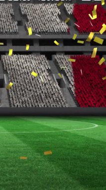 Spor stadyumunda Fransa bayrağının üzerine düşen altın konfetilerin animasyonu. rekabet, spor ve yarışma konsepti dijital olarak oluşturulmuş video.