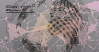 Arka planda ağ bağlantıları ve kodlama metni olan dijital dünyanın animasyonu. Teknoloji, bağlantı, siber alan, veri, yenilik, küresel