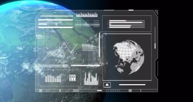 Veri ve grafikleri gösteren dijital arayüzle uzaydan Dünya 'nın animasyonu. teknoloji, fütürist, yenilik, analitik, astronomi, küresel