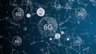 Birbirine bağlı dünya animasyonu üzerinde 6G ağı ve dijital iletişim sembolleri. Teknoloji, yenilik, bağlantı, küresel, gelecek, gelişmiş