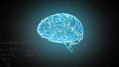 Okul ortamında matematiksel denklemlerle parlayan beynin animasyonu. Bilim, eğitim, teknoloji, analiz, bilgi, öğrenme