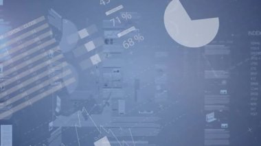 Mavi tonlu dünya haritası, soyut finansal veri ve grafiklerin animasyonu. Finans, veri görselleştirme, küresel, ekonomi, ticaret, analitik