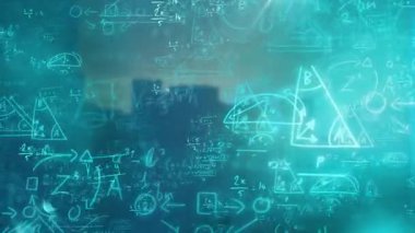Matematiksel denklemlerin ve mavi arkaplanı kaplayan diyagramların animasyonu. Eğitim, matematik, öğrenme, akademik, bilim
