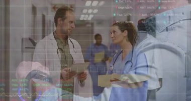 Borsa verilerini inceleyen, hastane ortamında çalışan tıp uzmanları. Finans, analiz, takım çalışması, sağlık, araştırma, işbirliği