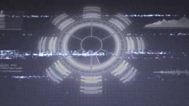 Fütüristik animasyon, dairesel verilerle dijital arayüz ve değişen grafikler gösteriliyor. Teknoloji, yenilik, analitik, sanal, siber