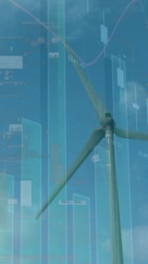 Rüzgar türbininin üzerindeki grafiklerin ve finansal verilerin animasyonu. finans, ekonomi, yenilenebilir kaynaklar ve dijital olarak üretilen enerji konsepti.