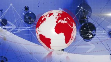 Mavi zemin üzerinde ok ve ağ bulunan kırmızı ve beyaz kürenin animasyonu. Küresel, iletişim, teknoloji, dijital, küre, bağlantı