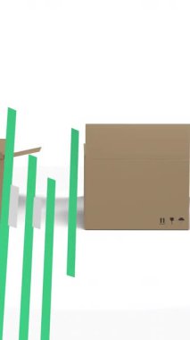 Beyaz arka plandaki karton kutuların üzerinden geçen istatistiklerin canlandırması. küresel nakliye, iş ve veri işleme kavramı dijital olarak oluşturulmuş video.