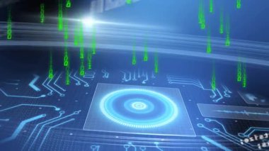 Mavi grafiklerle dijital arayüzün üzerine düşen yeşil ikili kod animasyonu. Teknoloji, siber uzay, veri, fütüristik, sanal, ağ