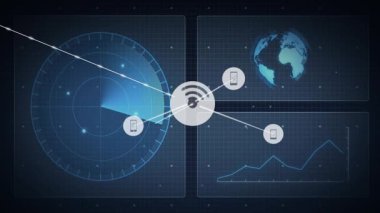 Dijital dünya haritası arayüzü üzerinden ağ bağlantıları ve veri alışverişi animasyonu. Teknoloji, bağlantı, küresel, iletişim, transfer, sanal