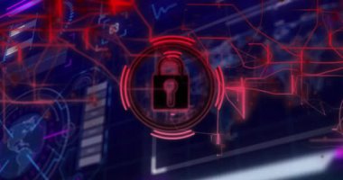 Dijital veri ve ağ bağlantılarının üzerinde kırmızı asma kilit simgesi parlıyor. Siber güvenlik, şifreleme, koruma, internet, güvenlik, teknoloji