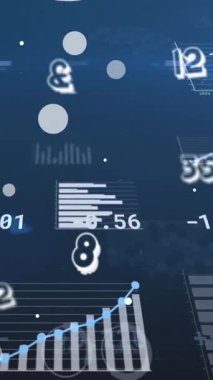 Veri işleme animasyonu ve mavi arkaplandaki lekeler. küresel iş, finans, bağlantılar ve dijital arayüz konsepti dijital olarak oluşturulmuş video.