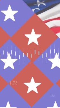 Amerika Birleşik Devletleri bayrağı üzerinde istatistik işleme animasyonu. Amerikan vatanseverliği, bağımsızlık ve iş konsepti dijital olarak üretilen video,