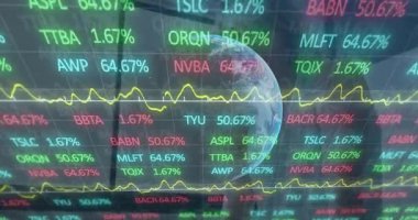 Borsa verileri ve grafikleriyle dünyayı döndüren animasyon. Finans, küresel, yatırım, teknoloji, ekonomi, analitik