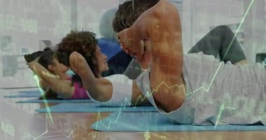 Paspaslar üzerinde egzersiz yapan, finansal veri tablosu olan insanlar sahneyi kaplayan animasyonlar çiziyor. Fitness, data analizi, egzersiz, iş, egzersiz, teknoloji