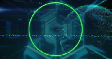 Veri noktalarıyla dijital dünyanın animasyonu ve fütüristik arka planda yeşil çember. ağ, teknoloji, sanal, siber uzay, veri görselleştirme, bağlantı