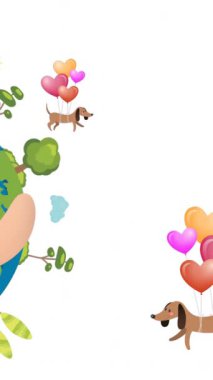 Balon ve kalbi, elleri üzerinde beyaz arka planda dünyayı tutan köpeğin animasyonu. küresel sosyal medya, bağlantılar ve veri işleme konsepti dijital olarak oluşturulmuş video.