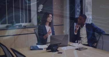 Veri analizi, dijital ağ animasyonunda çalışan iş adamları. teknoloji, analitik, takım çalışması, şirket, strateji, yenilik