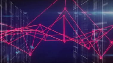 Dijital veri arkaplanı üzerinde geometrik şekiller, kırmızı ağ animasyonu oluşturuluyor. Teknoloji, fütüristik, bağlantı, matris, soyut, model