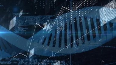 İkili kodlama ile DNA ipliği, bilimsel verileri animasyon biçiminde işliyor. Biyoteknoloji, genetik, biyoenformatik, veri analizi, dijital, araştırma