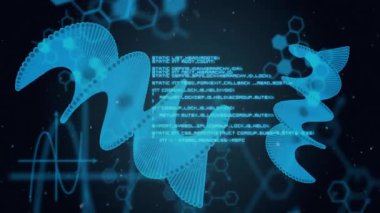 Koyu arkaplanda mavi animasyondaki DNA sarmalları ve moleküler yapılar. Biyoteknoloji, genetik, molekül, bilim, laboratuvar, araştırma