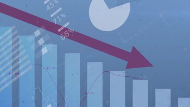 Dünya haritası ve bar tablosu üzerinde kırmızı okla azalan finansal grafiğin animasyonu. Maliye, ekonomi, düşüş, istatistik, küresel, durgunluk