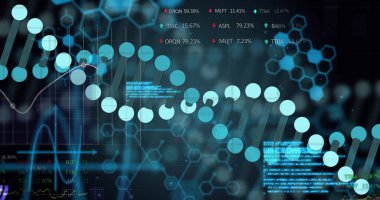 DNA iplikçiklerinin üzerinde dijital veri işleme resmi. Küresel bilim, bağlantılar, hesaplama ve veri işleme kavramı dijital olarak oluşturulmuş görüntü.