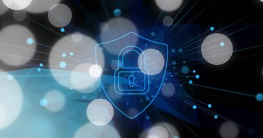 Kalkan ve asma kilit üzerindeki beyaz noktalar. Küresel güvenlik ve dijital arayüz konsepti dijital olarak oluşturuldu.