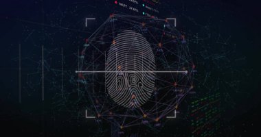 Siyah arkaplanda, küresel ağ üzerinden biyometrik parmak izi tarayıcısı görüntüsü. Bağlantı, veri, güvenlik, dijital arayüz, iş ve iletişim, dijital olarak oluşturulmuş görüntü.