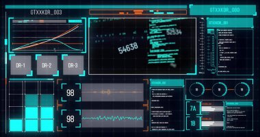 Siyah arkaplan üzerindeki veri işleme ve diyagramlarının resmi. Küresel iş ve dijital arayüz kavramı dijital olarak oluşturulmuş görüntü.