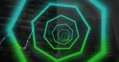 Neon desen ve şehir manzarası üzerinden finansal veri işleme görüntüsü. Küresel finans, iş, bağlantılar, hesaplama ve veri işleme kavramı dijital olarak oluşturuldu.