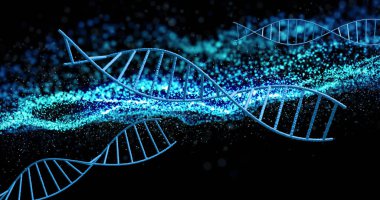 DNA ipliği üzerinde hareket eden noktaların görüntüsü. Teknoloji, iş ve dijital arayüz kavramı dijital olarak oluşturulmuş görüntü.