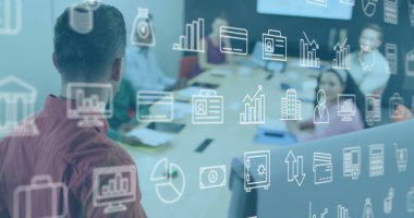 İş ikonlarının farklı meslekdaşların toplantıdaki görüntüsü. Küresel iş ve dijital arayüz kavramı dijital olarak oluşturulmuş görüntü.