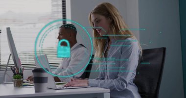 Ofiste çalışan çeşitli meslektaşlara asma kilit resmi. Teknoloji, iş ve dijital arayüz kavramı dijital olarak oluşturulmuş görüntü.