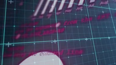 Veri çizelgelerinin animasyonu ve gelecekteki dijital ızgaralarda aylar gösteriliyor. Analizler, veri görselleştirme, teknoloji, yenilik, ilerleme, finans