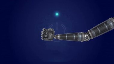 Robotik kol, parlayan güç sembolünün canlandırılmasıyla baş parmak kaldırıyor. Otomasyon, robotik, teknoloji, yenilik, makine, mekanik