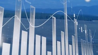 Huzurlu dağ manzarası üzerinde çizgi grafik ve veri canlandırma animasyonu. Analitik, bilgi, veri analizi, istatistik, teknoloji, doğa