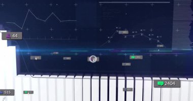 Animasyondaki grafikler ve istatistikler mavi arkaplandaki dijital veri analizlerini gösteriyor. teknoloji, bilgi, görselleştirme, ağ