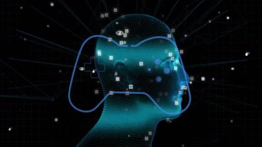 Oyun kontrolörü ve okuldaki veri noktalarıyla insan siluetinin animasyonu. technology, education, digital, virtual, innovation, interaction