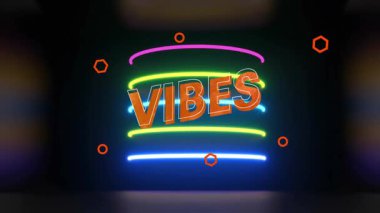 Neon ışıkları ve canlı renklerde geometrik şekilli VİBES metninin animasyonu. soyut, renkli, dijital sanat, tipografi, modern, grafik tasarım